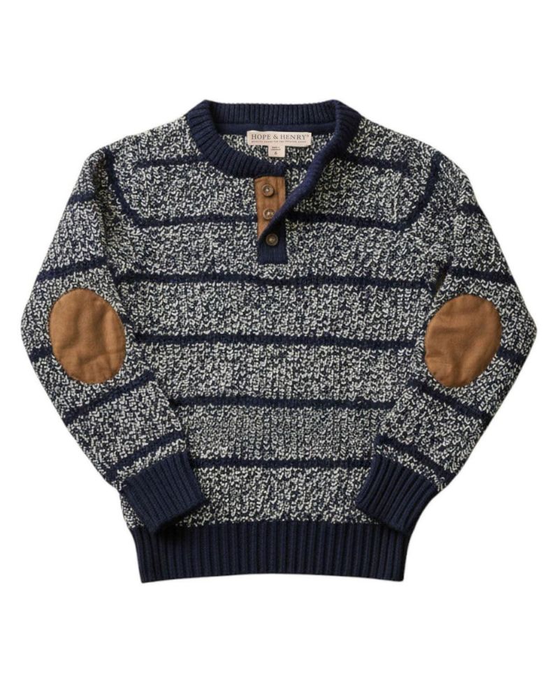Boy's Small to Xlarge Organic Sweater Henley with Elbow Patches
