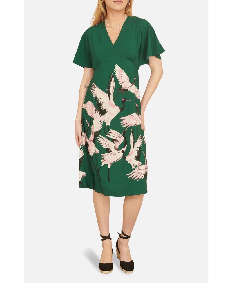 Women's Crane Print Kimono Midi Dress