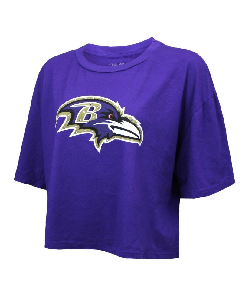 Women's Lamar Jackson Purple Baltimore Ravens Swarovski Crystals Boxy Cropped Name & Number T-Shirt