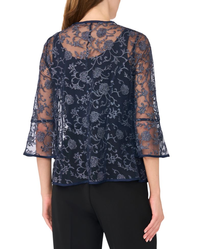 Women's Glitter Lace Floral 3/4 Sleeve Jacket and Tank Top, 2-Piece Set
