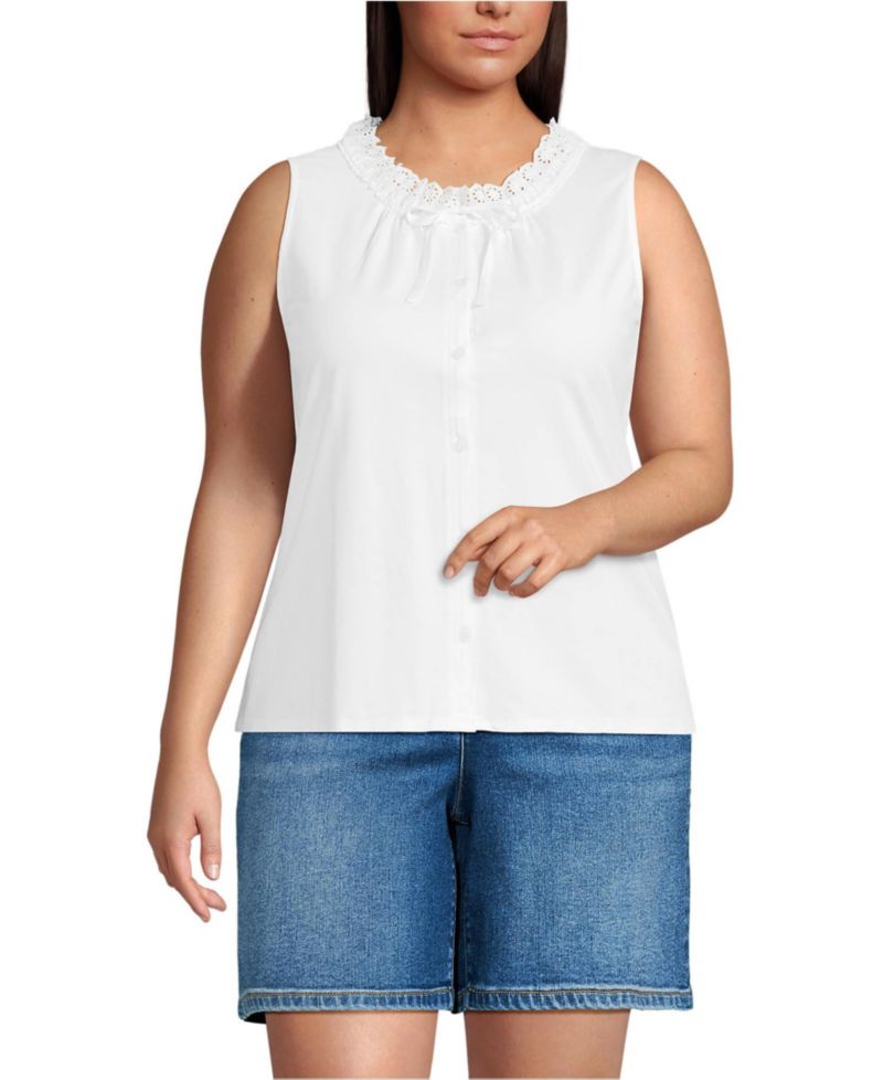 Plus Size Lightweight Jersey Button Front Lace Trim Tank