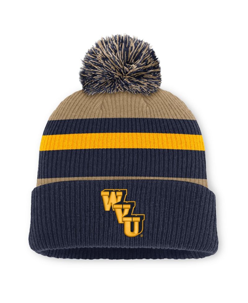 Men's and Women's Navy/Beige West Virginia Mountaineers Legacy Striped Cuffed Knit Hat with Pom