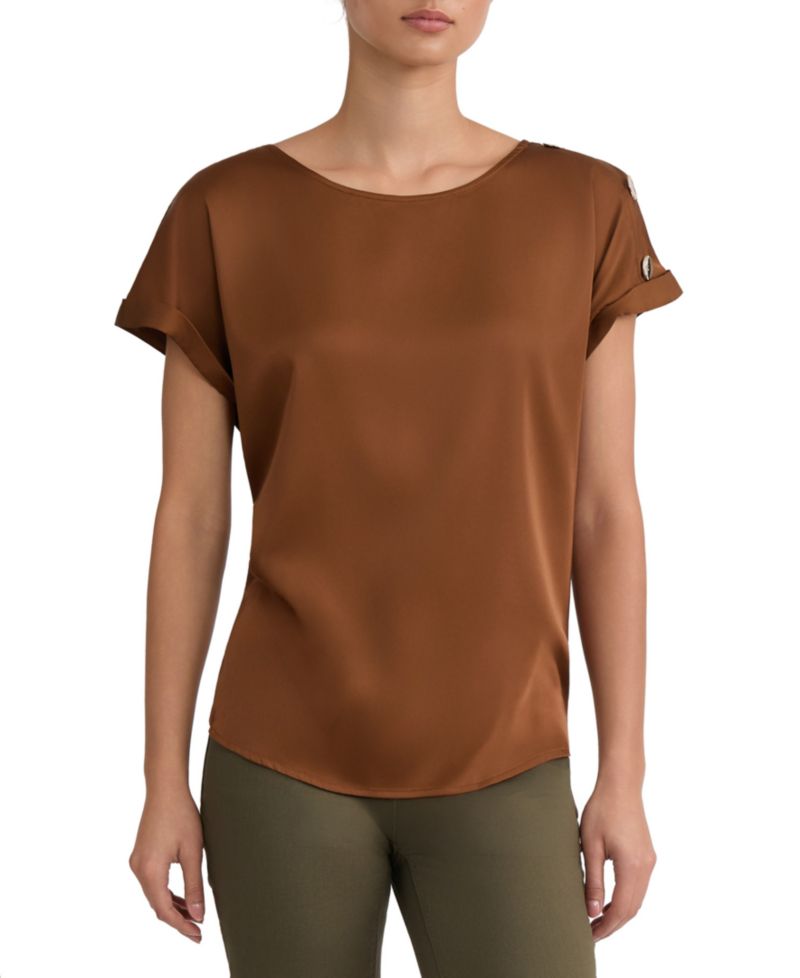 Petite Boat-Neck Short-Sleeve Side-Button Blouse