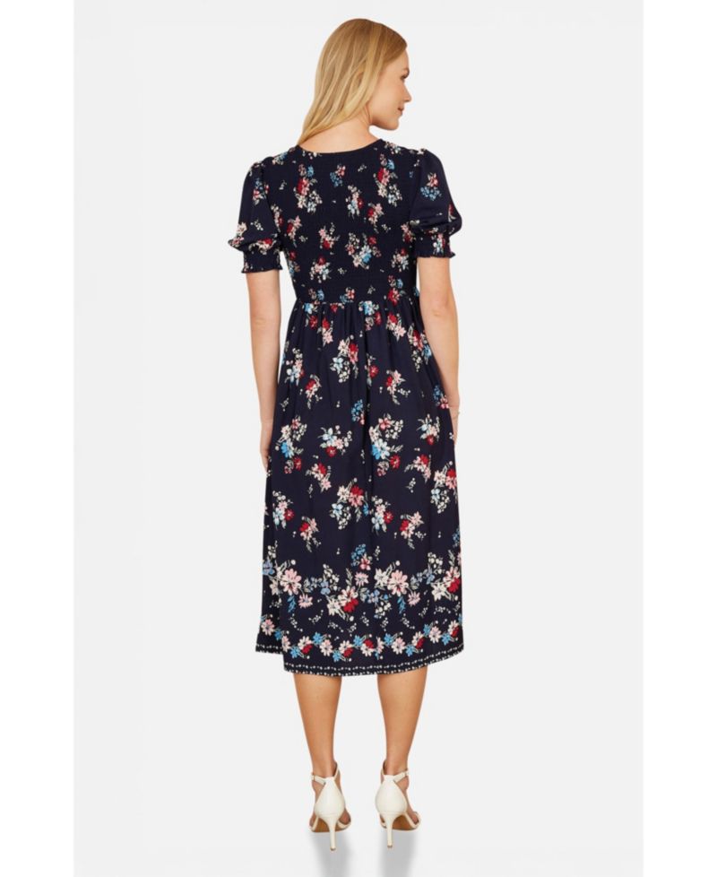 Women's Smocked Bodice Floral Ruched Midi Dress