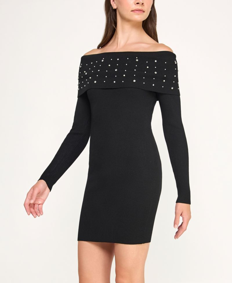 BCX Juniors Off The Shoulder Rhinestone Fitted Sweater Dress