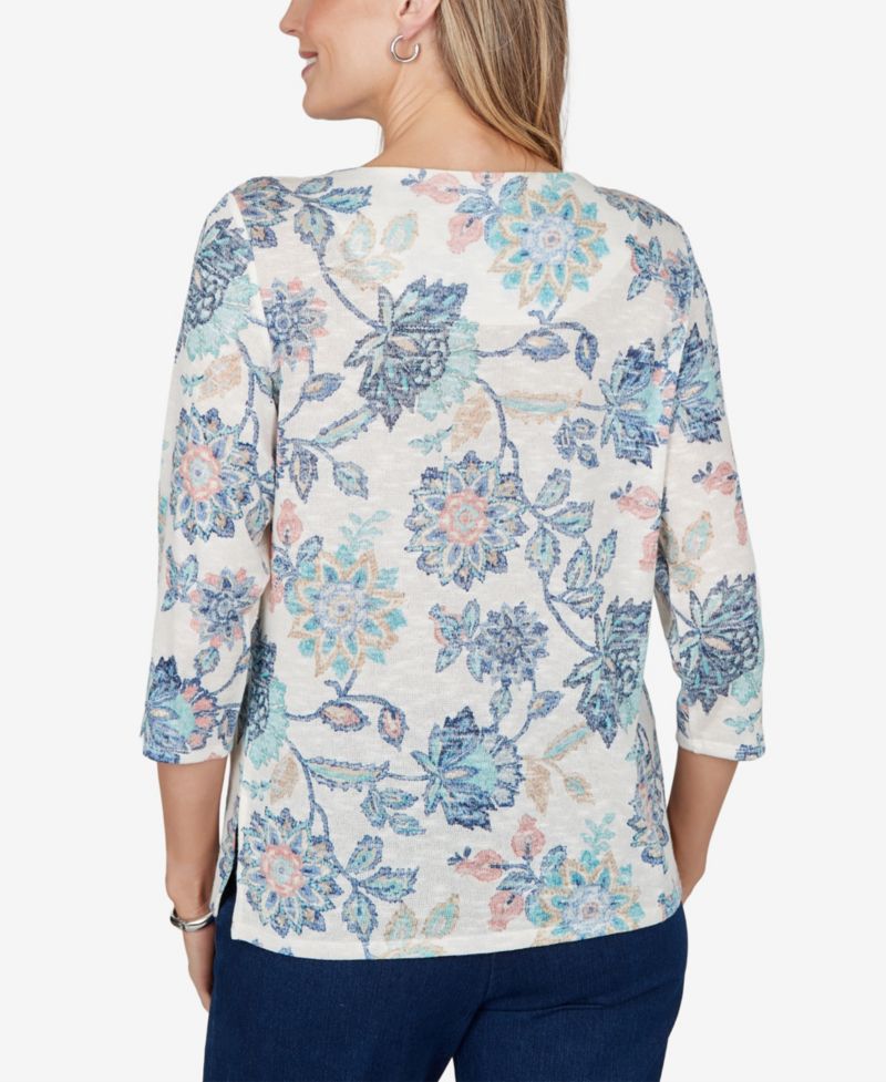 Petite Floral-Print 3/4-Sleeve Side-Slit Blouse