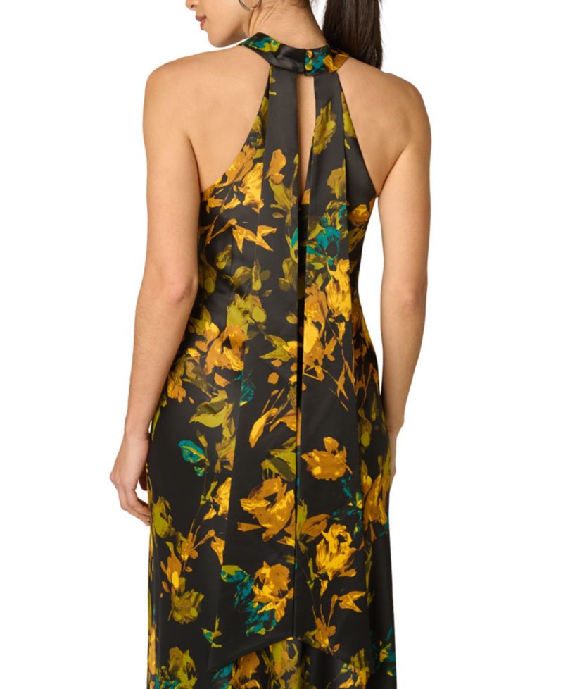 Women's Floral Stretch Satin Scarf Halter Gown