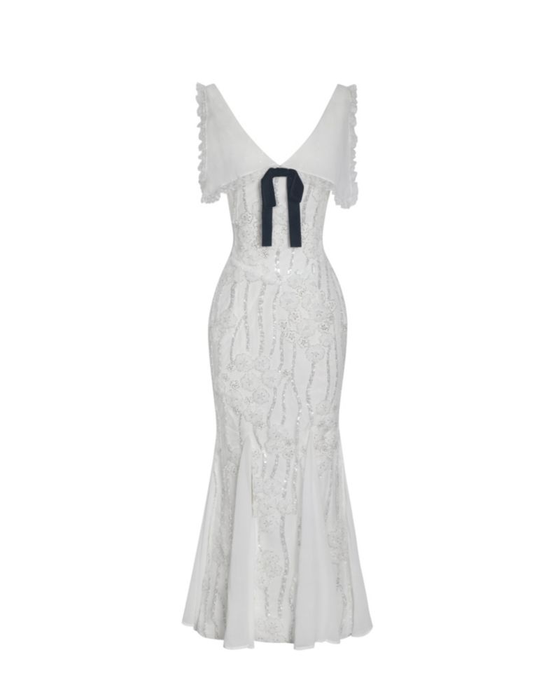Women Paola White Peter Pan Collar Beaded Sequin Mermaid Midi Dress