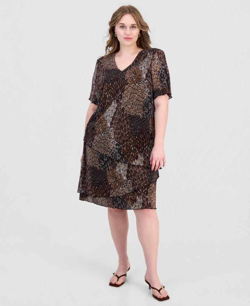 Plus Size Printed Pleated Asymmetric Tiered Sheath Dress