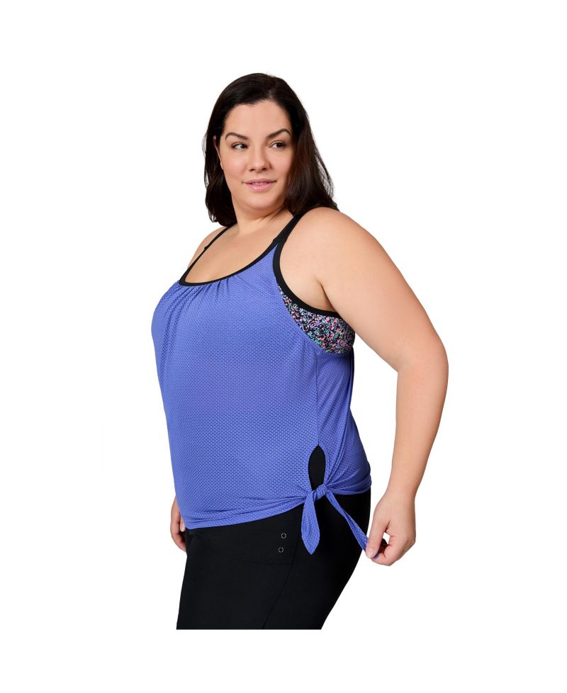 Plus Size Textured Mesh Side Tie Blouson Tankini Top