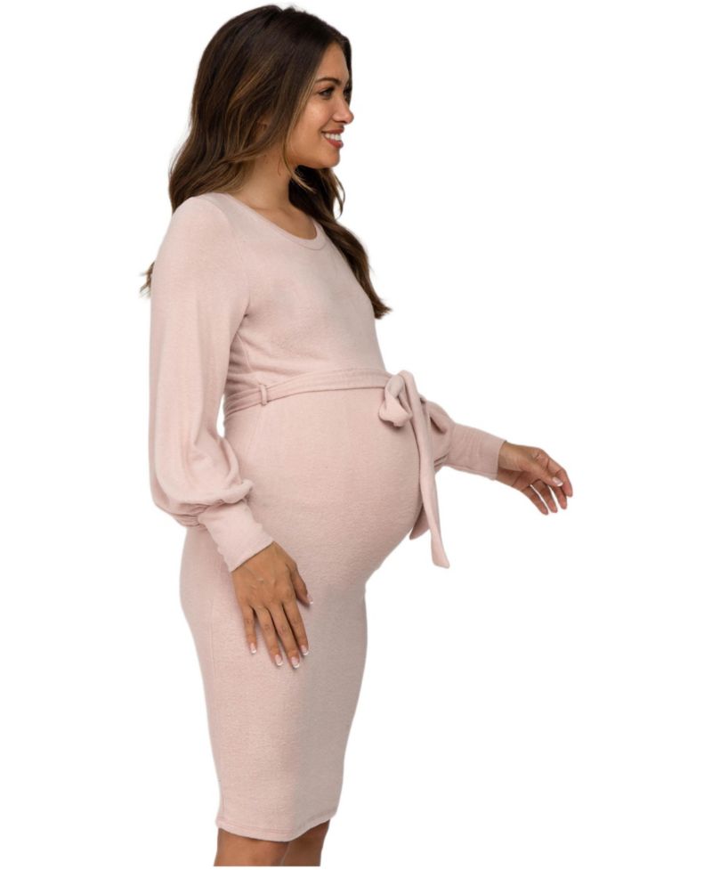 Women's Pink Soft Brushed Waist Tie Bubble Sleeve Dress