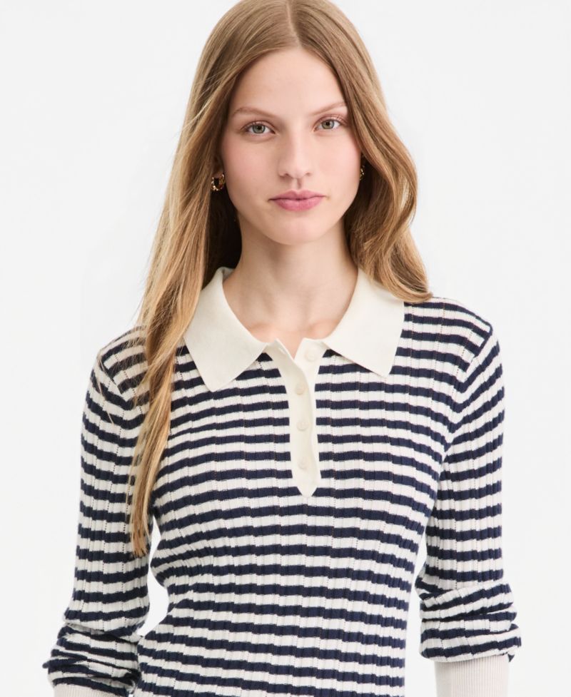 Women's Lightweight Long Sleeve Ribbed Polo Sweater