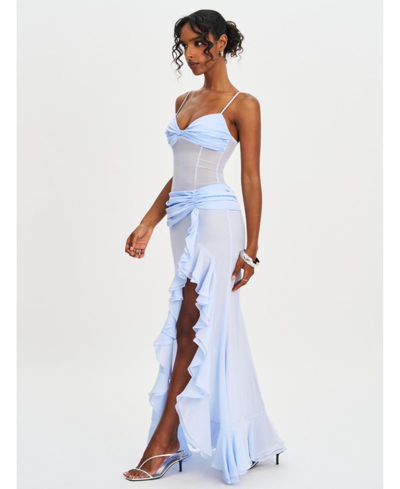 Women Lacy Blue Ruched Breast High Slit Chiffon Dress