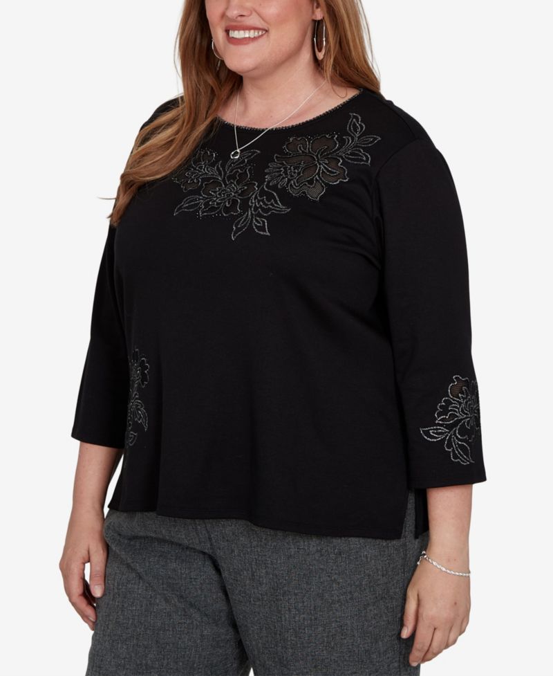 Plus Size Floral Scoop Neck 3/4-Sleeve Knit Top