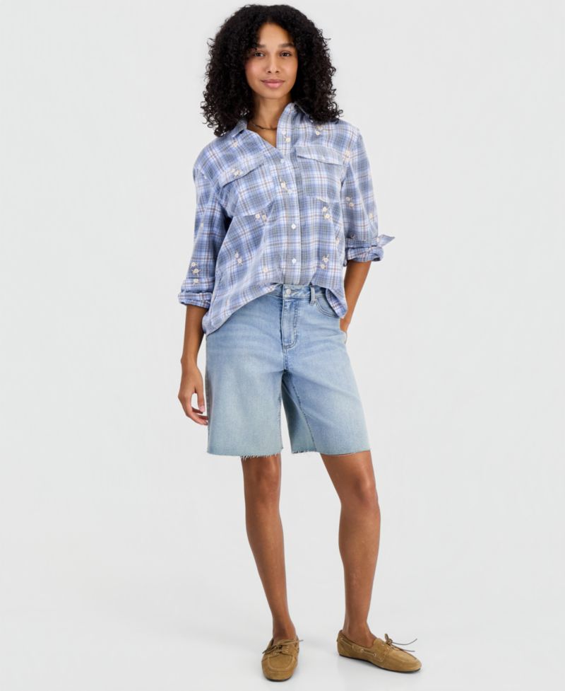 Women's Plaid Long-Sleeve Cord-Embroidered Button-Up Shirt