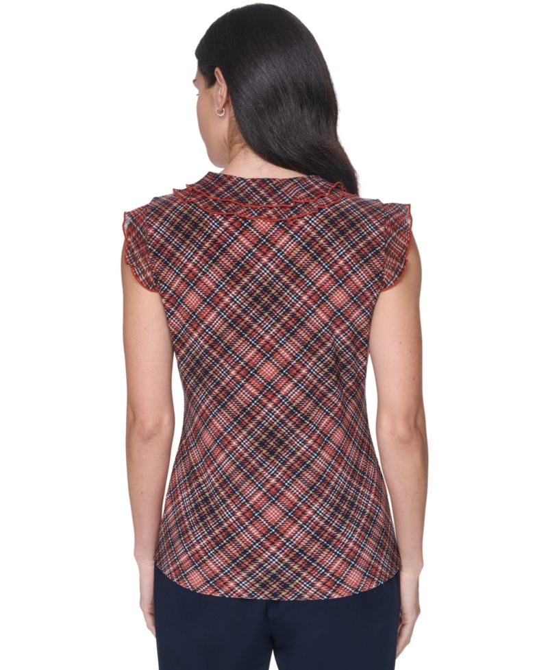 Women's V-Neck Plaid Ruffle Sleeveless Blouse