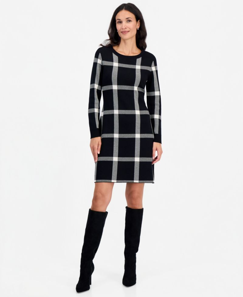Petite Plaid Long-Sleeve Scoop Neck Sweater Dress