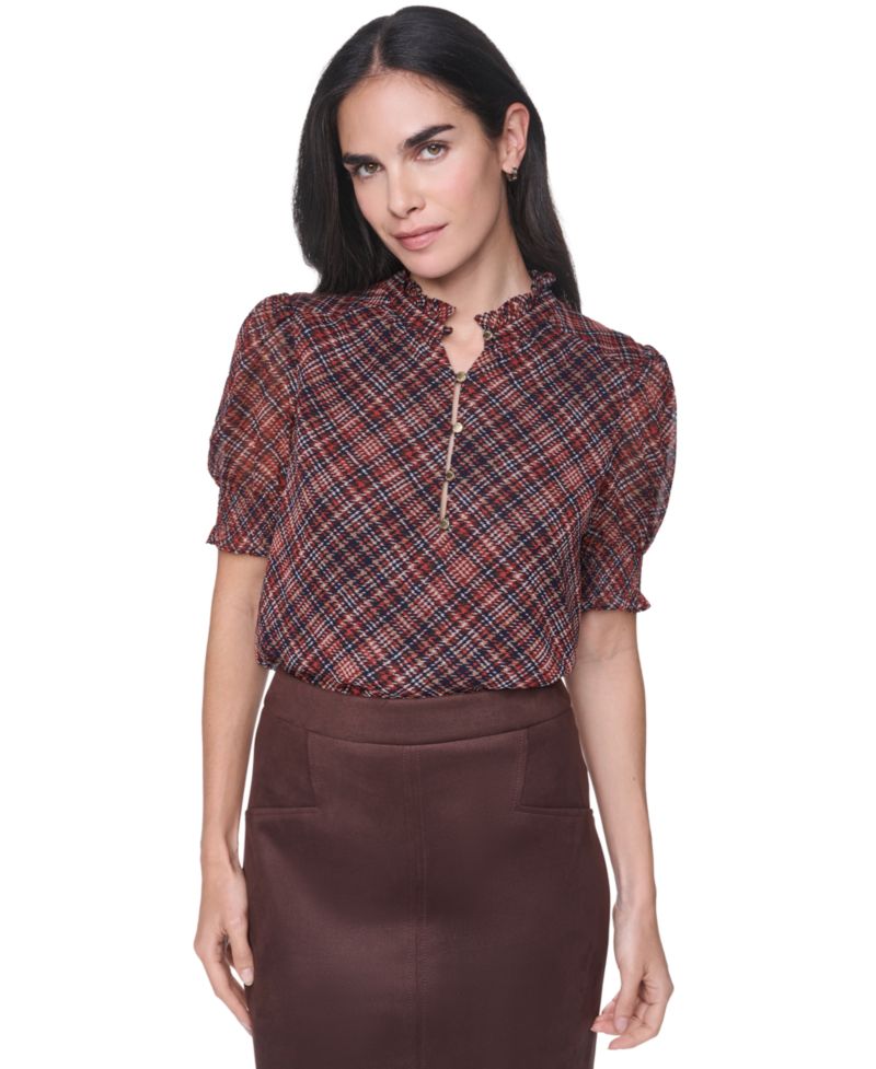 Women's Mock-Neck Short-Sleeve Plaid Blouse