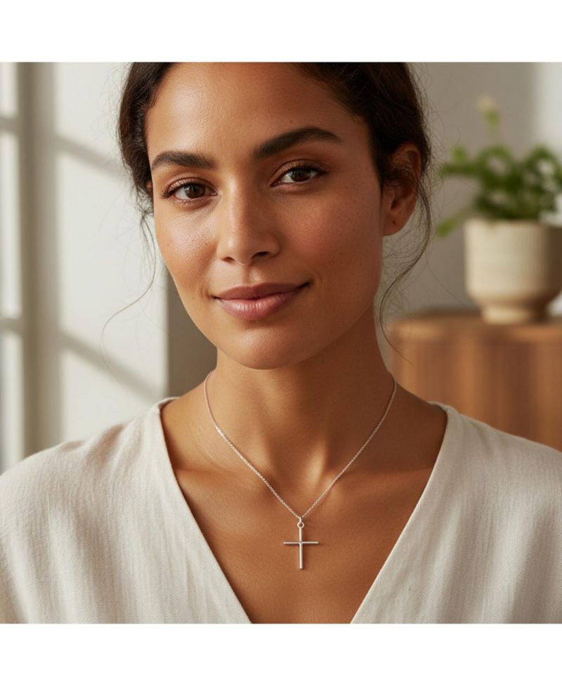 Religious Cross Pendant Necklace Minimalist Simple Tube Style .925 Sterling Silver 1.25 inch