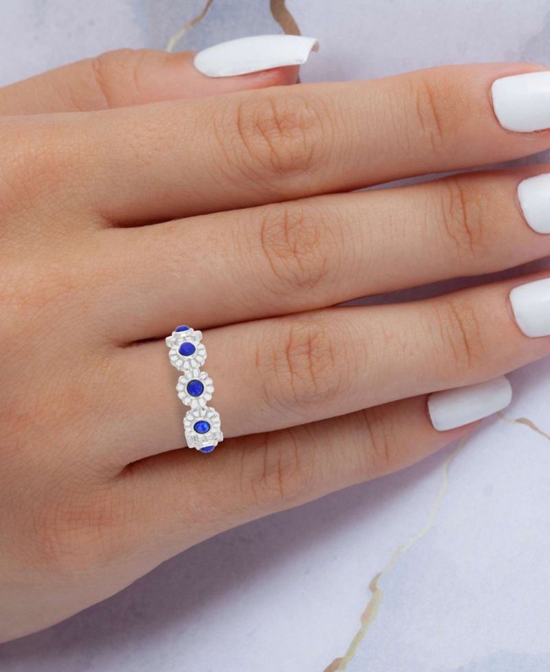 Lapis (1.35 ct. t.w.) Flower Band Ring in Rhodium Over Sterling Silver