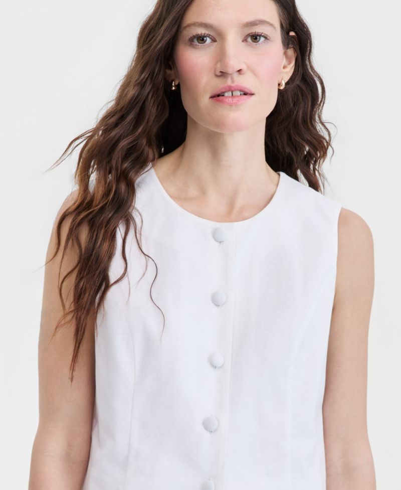 Women's Cropped Linen Blend Button-Front Vest