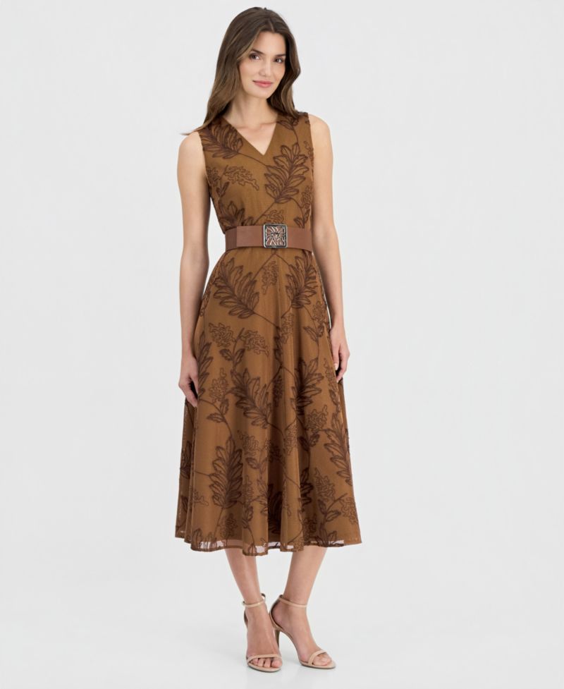 Women's V-Neck Embroidered Belted Midi Dress