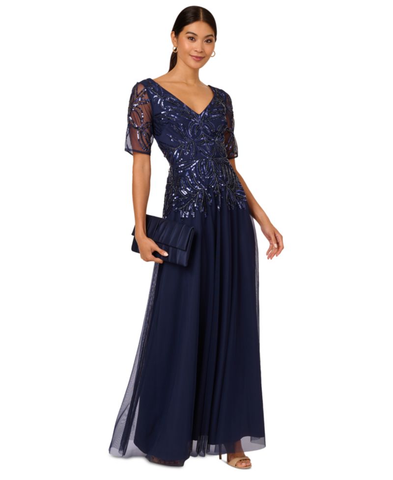 Women's Embellished Mesh V-Neck Gown