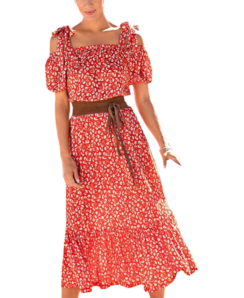 Women's Viscose Floral Print Pattern Elastic-Waist Midi Dress