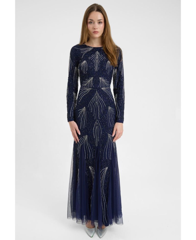 Women's Modest Embellished Sequin Beaded Dress Maxi With Designer Bottom