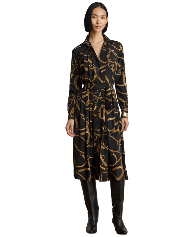 Women's Belting Print Pleated Shirt Dress