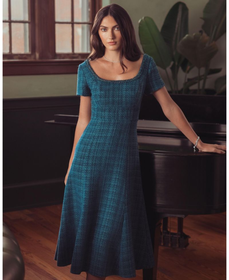 Petite Embellished Boucl&eacute; Short Sleeve Midi Dress