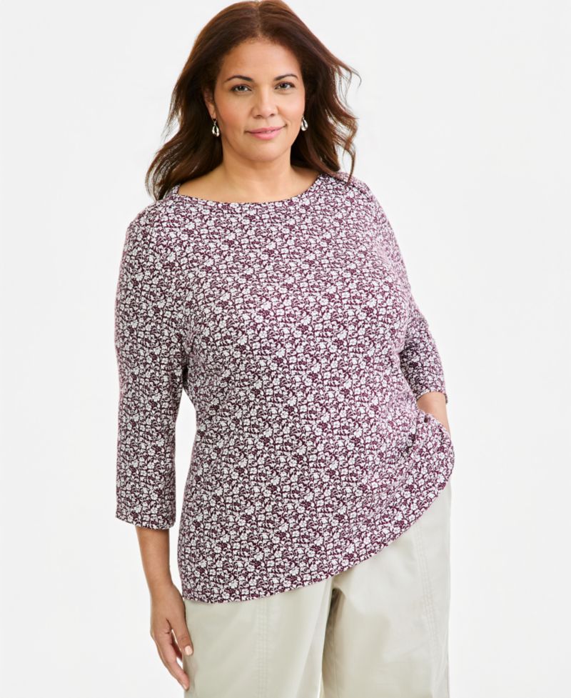 Plus Size Printed 3/4 Sleeve Boat-Neck Top