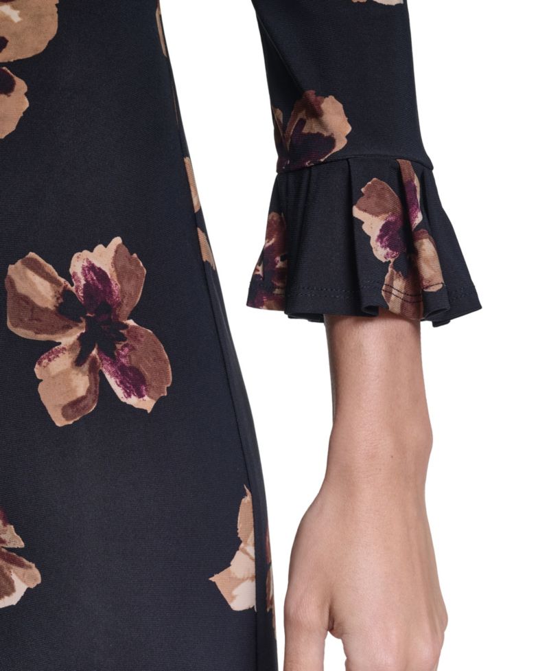 Women's Floral-Print Pleated 3/4 Sleeve Shift Dress