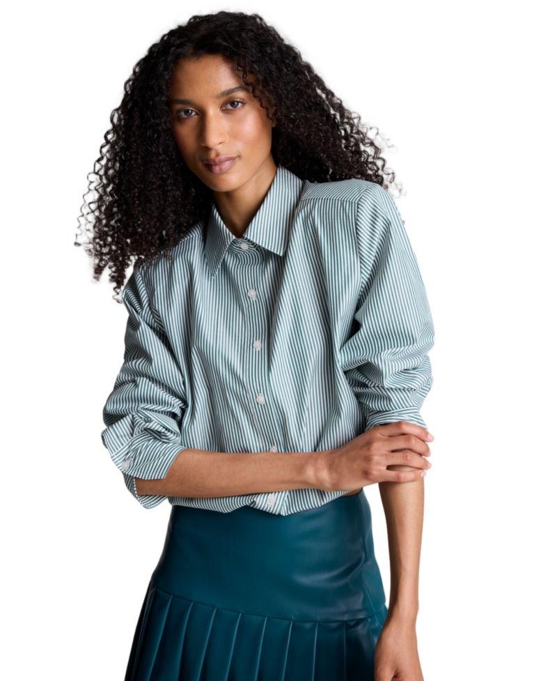 Women's Striped Shoulder Pads Button-Down Crop Shirt