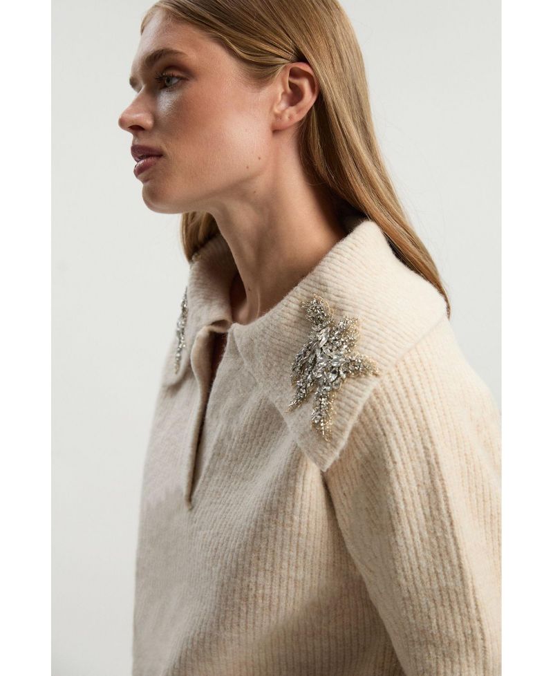 Women's Embellished Collar V Neck Knit Sweater