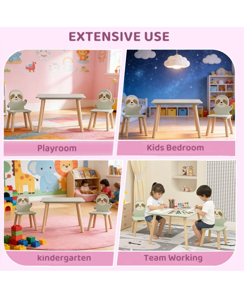 Kids Table and Chair Set, with 2 Cute Sloth Chairs, Wood Activity Tables Drawing Play Table Set, for Age 2-6 Boy Girl