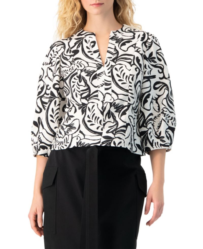 Women's Graphic Brushstroke Floral Woven V-Neck Blouse