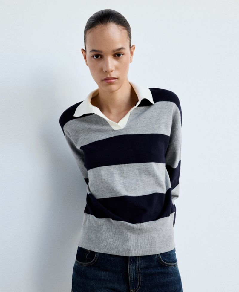 Women's Striped Polo-Neck Long-Sleeve Sweater