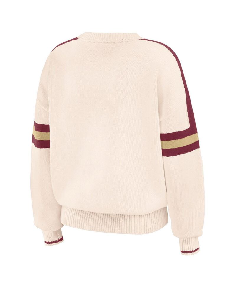 Women's Cream Florida State Seminoles Chenille Woven Patch Stripe Pullover Sweater