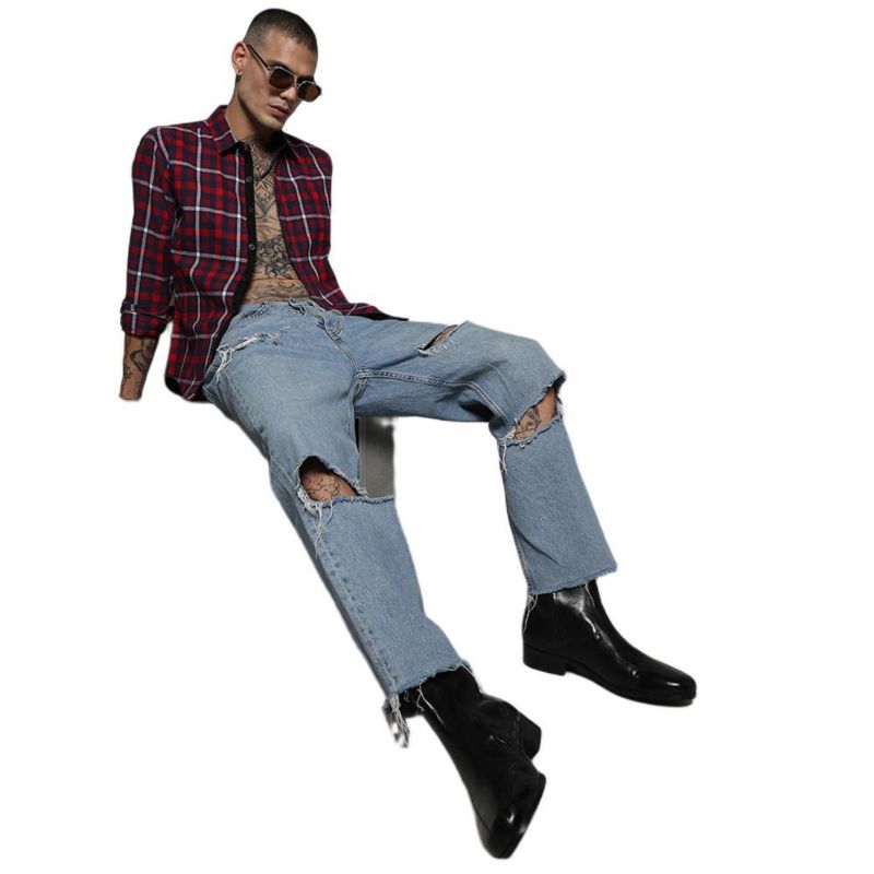Men's Navy Blue & Red Tartan Plaid Shirt
