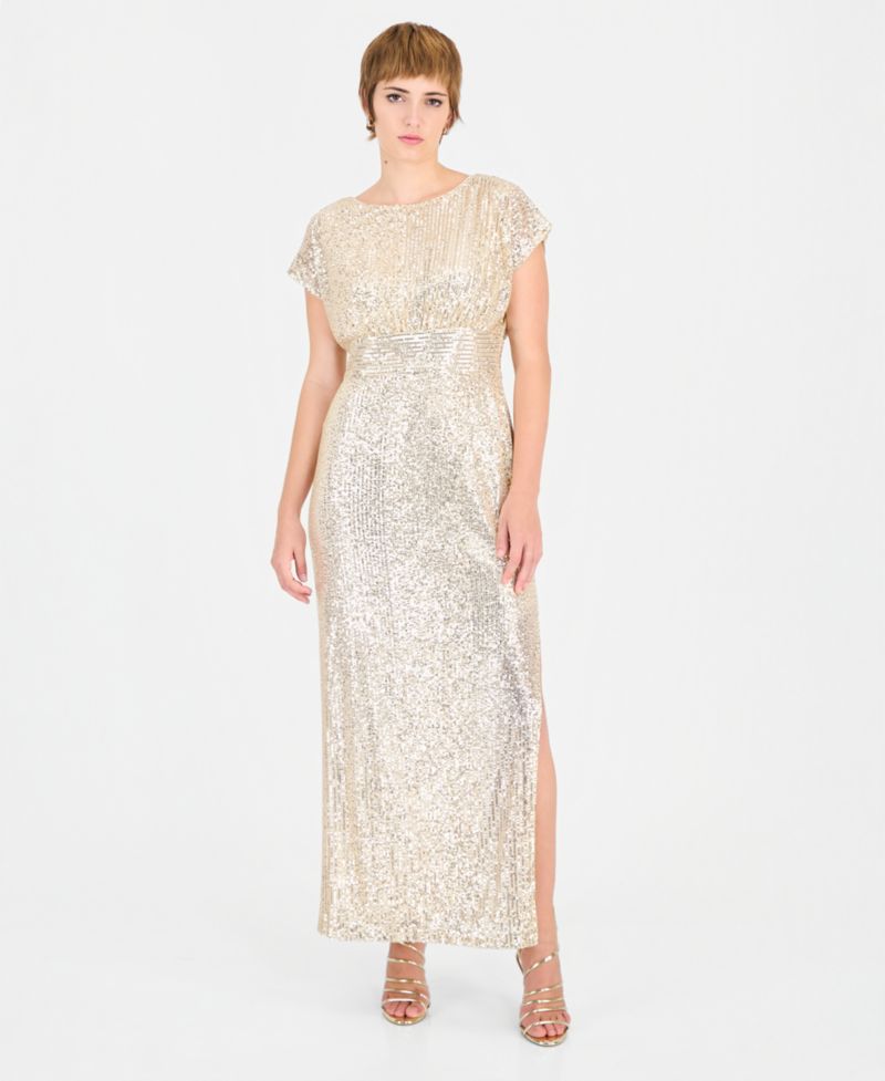 Women's Allover-Sequin Cape-Sleeve Side-Slit Gown