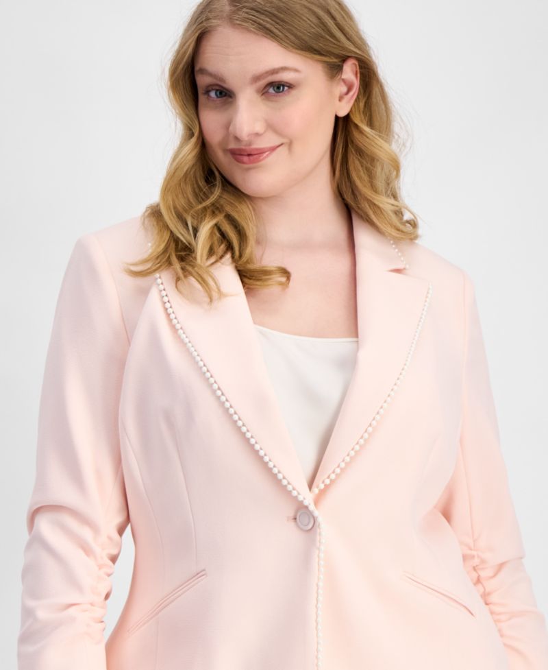 ASL Plus Size Faux-Pearl-Trim Ruched-Sleeve Blazer