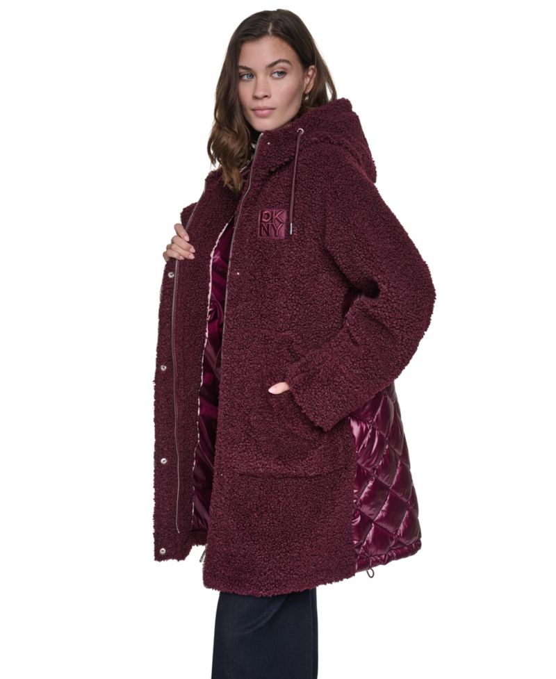 Women's Faux-Sherpa Mix Media Hooded Jacket With Cire Diamond-Quilted Back