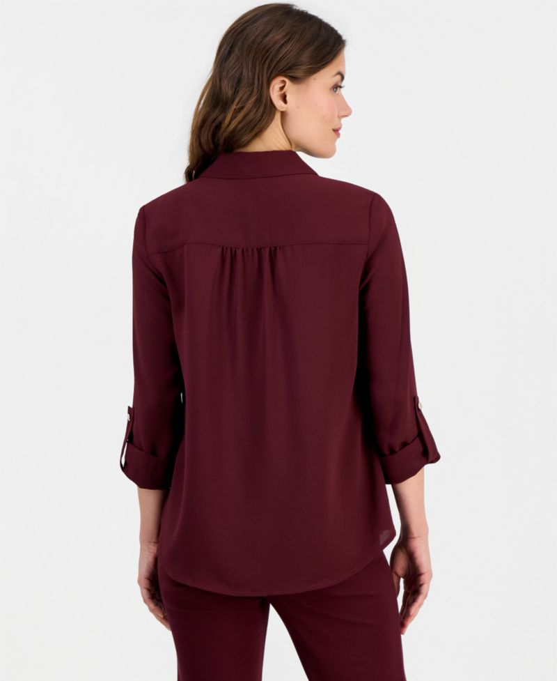 Petite V-Neck 3/4-Length Roll-Tab Sleeve Blouse