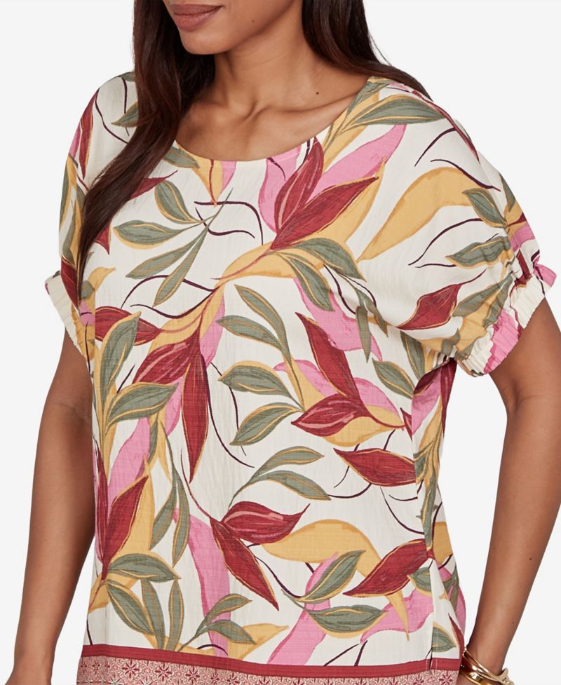 Petite Textured Leaf Print Short-Sleeve Top
