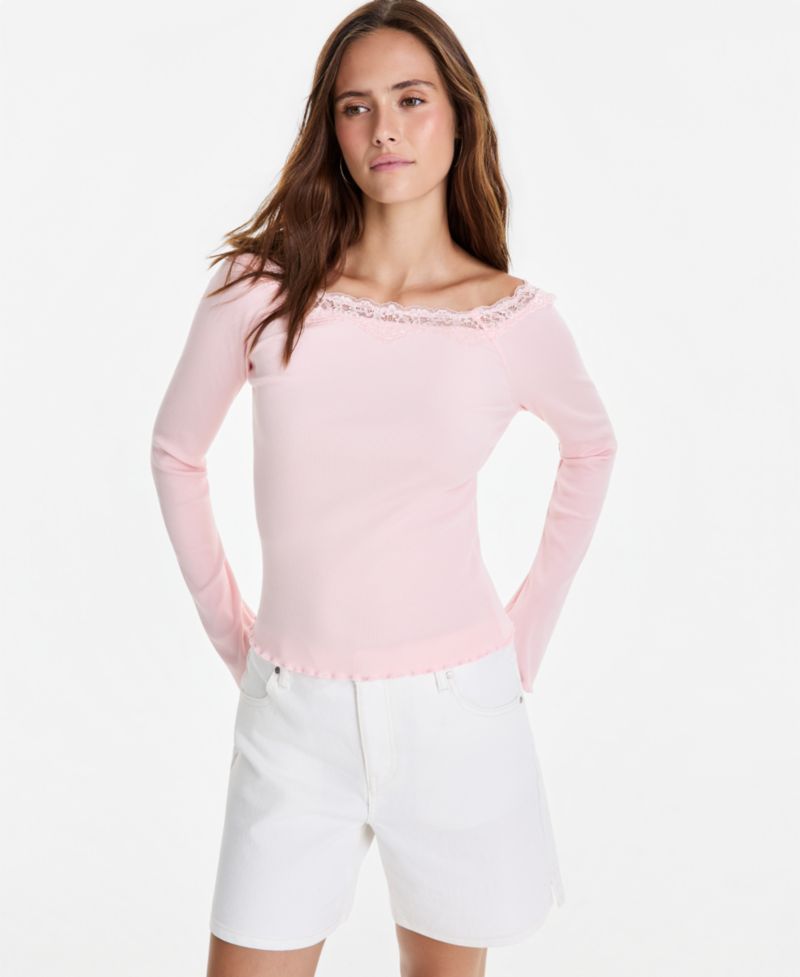 Petite Lace-Trim Scoop-Neck Long-Sleeve Top