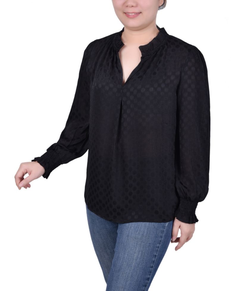 Petite Long Sleeve Smocked Cuff Blouse
