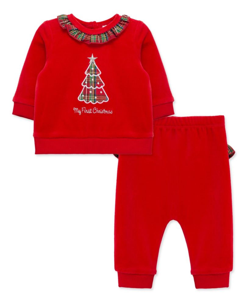Baby Girls' Embroidered Plaid Christmas Tree Velour Top and Pants, 2-Piece Set
