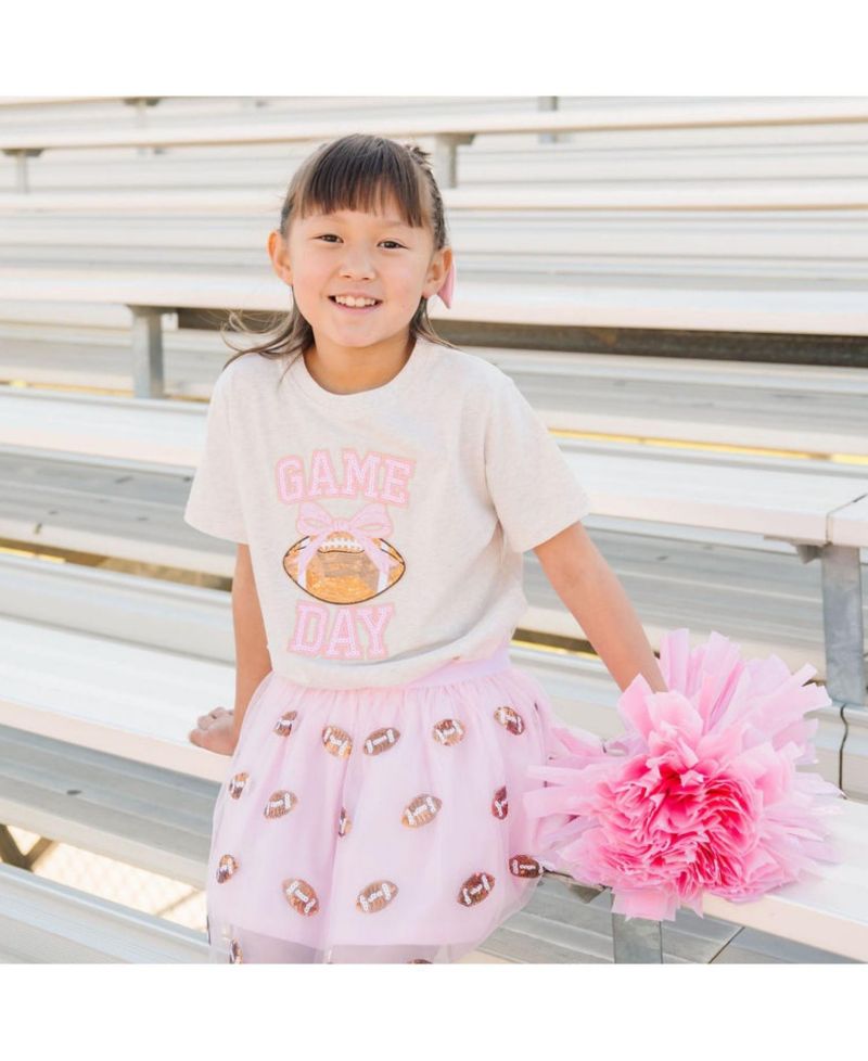 Little Girls Game Day Sequin Patch Short Sleeve T-Shirt