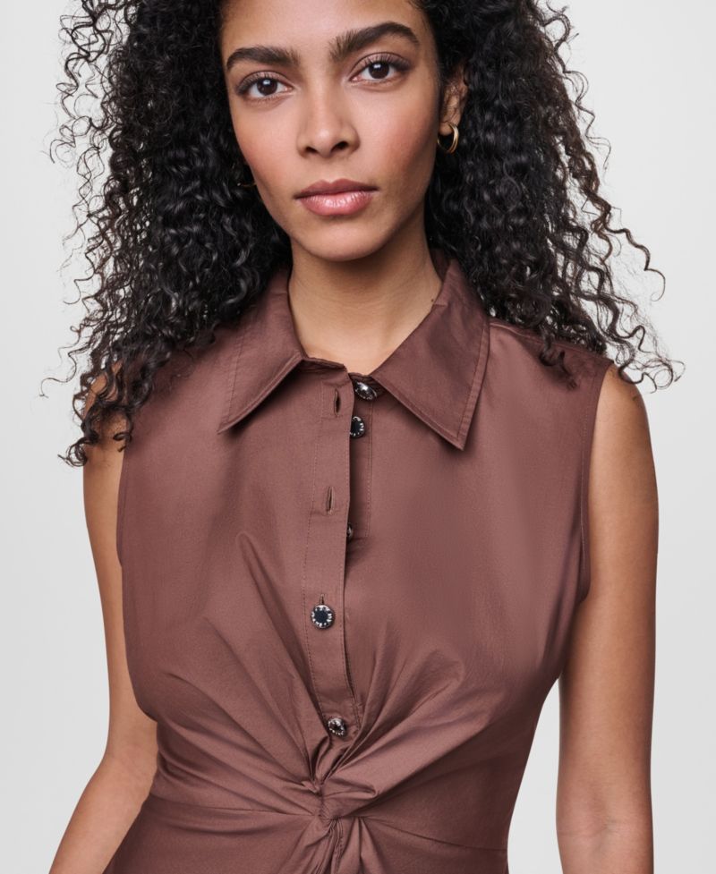 Women's Sleeveless Collared Twist Front Button-Up Shirt